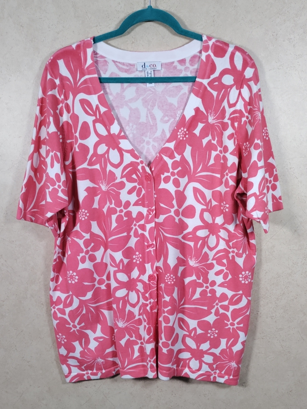 H153 D & Co Coral Floral Button Front Short Sleeve Cardigan 1X